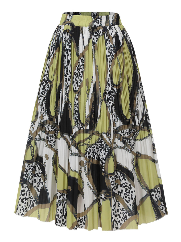 Grüner & Schwarzer 1950er Gemusterter Plissierter Midi-Rock