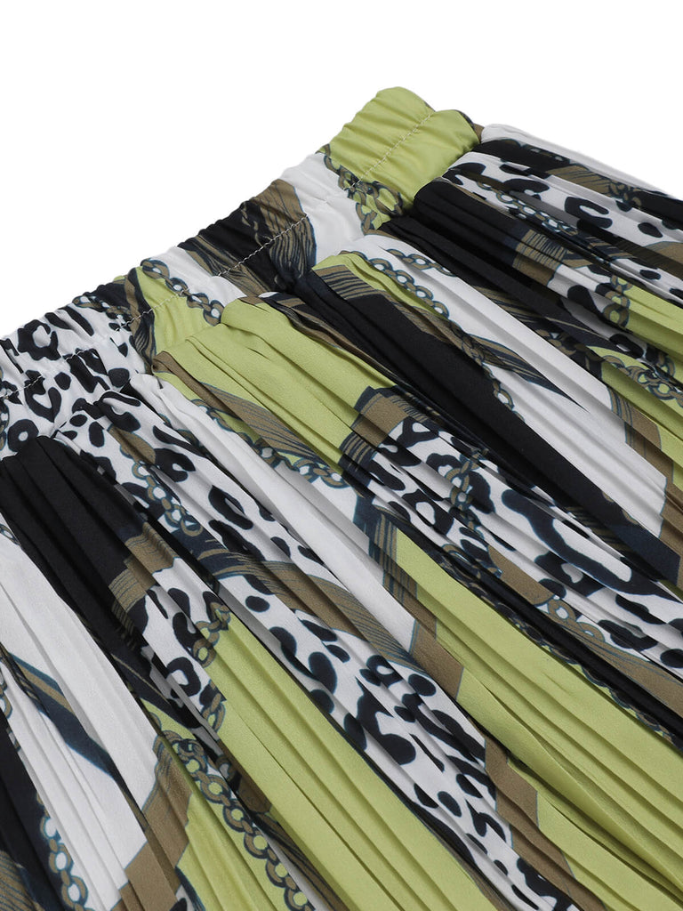 Grüner & Schwarzer 1950er Gemusterter Plissierter Midi-Rock