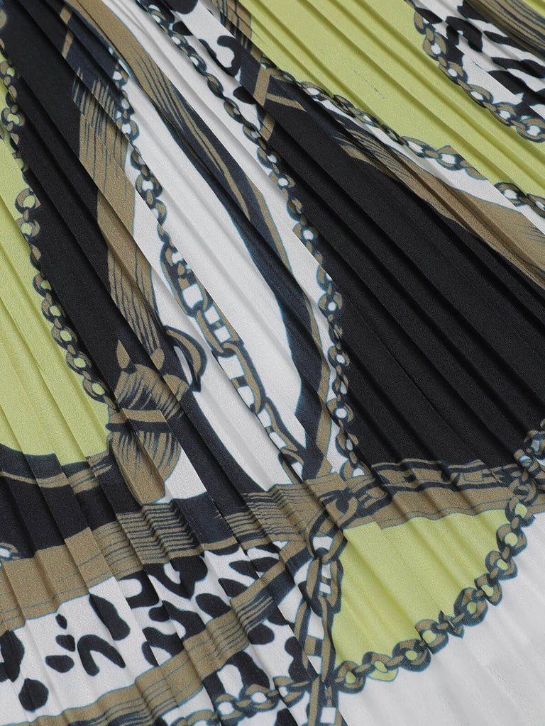 Grüner & Schwarzer 1950er Gemusterter Plissierter Midi-Rock