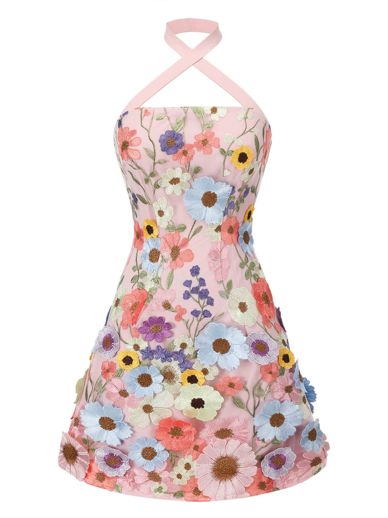 Blassrosa 1960er 3D Blumen Minikleid