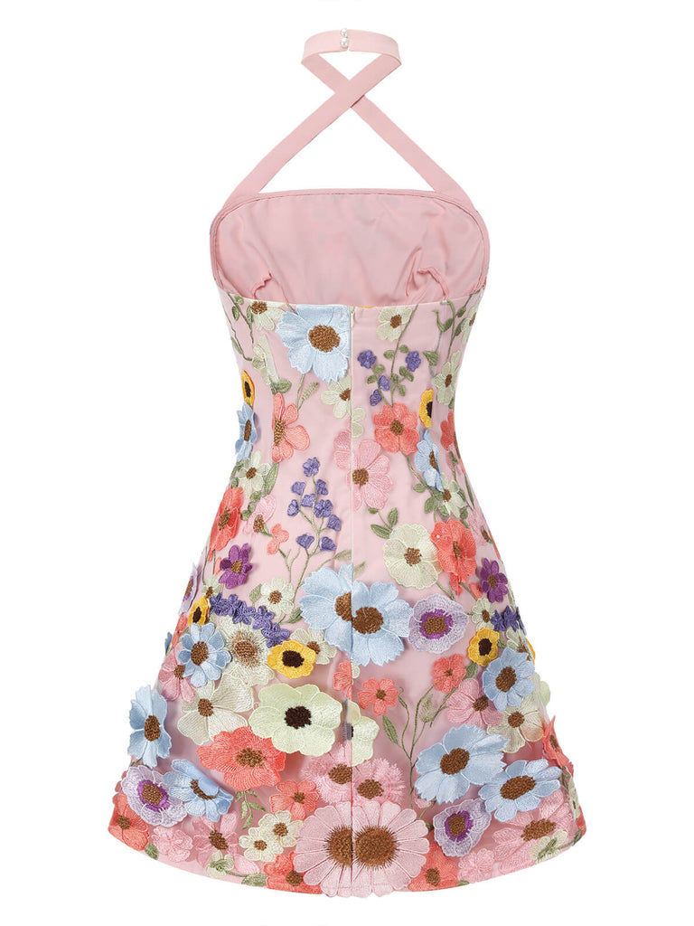 Blassrosa 1960er 3D Blumen Minikleid