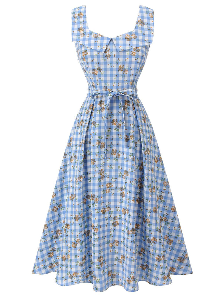 Blaues 1940er Rose Plaid Lace Up Kleid