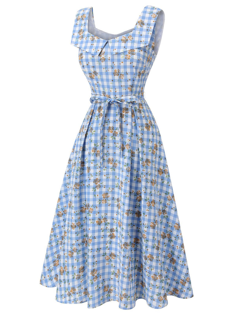 Blaues 1940er Rose Plaid Lace Up Kleid