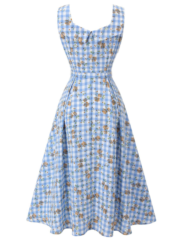 Blaues 1940er Rose Plaid Lace Up Kleid