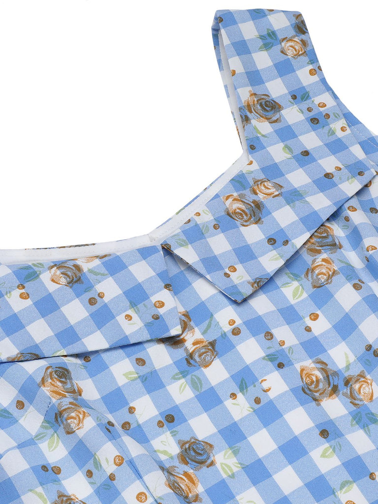 Blaues 1940er Rose Plaid Lace Up Kleid