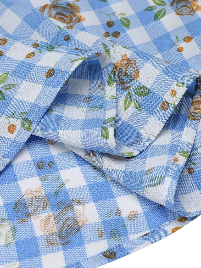 Blaues 1940er Rose Plaid Lace Up Kleid