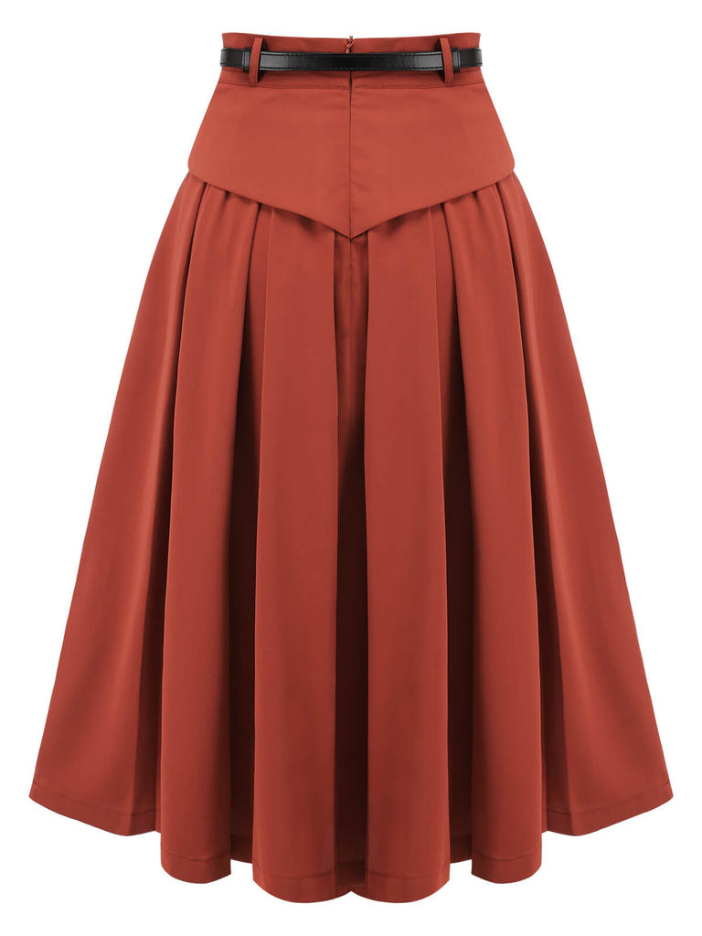 2PCS Orange Rot 1950er Gestreifte Bluse & Faltenrock