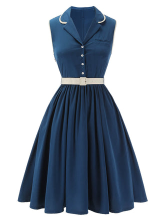 Marineblau 1960er ärmelloses Revers Gürtel Kleid