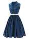 Marineblau 1960er ärmelloses Revers Gürtel Kleid