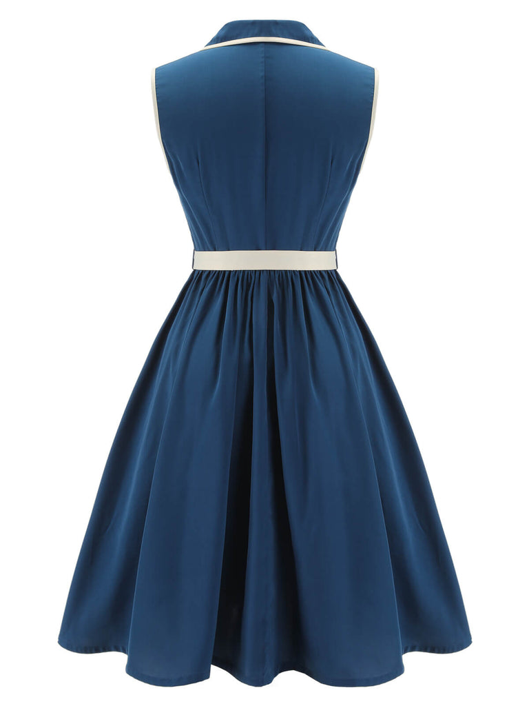Marineblau 1960er ärmelloses Revers Gürtel Kleid