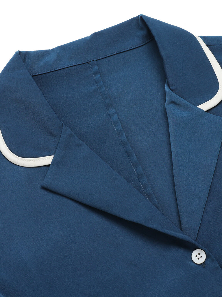 Marineblau 1960er ärmelloses Revers Gürtel Kleid