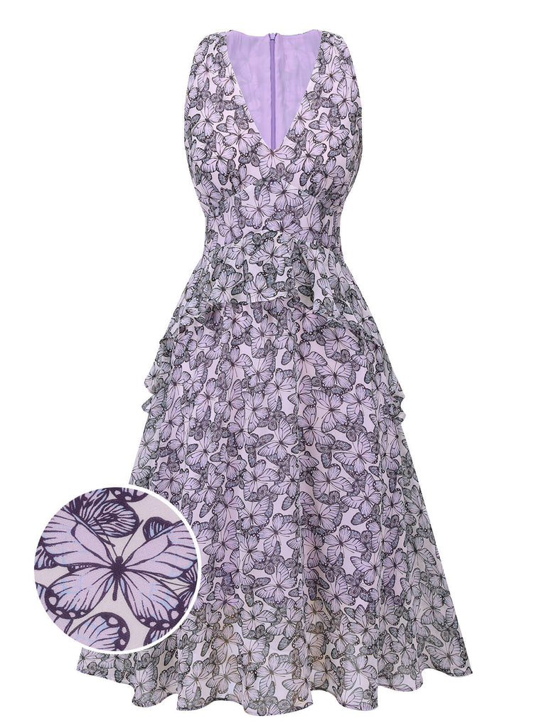 [Vorverkauf] Lila 1930er Schmetterling V-Ausschnitt Ärmelloses Kleid