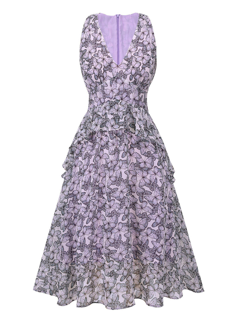 [Vorverkauf] Lila 1930er Schmetterling V-Ausschnitt Ärmelloses Kleid