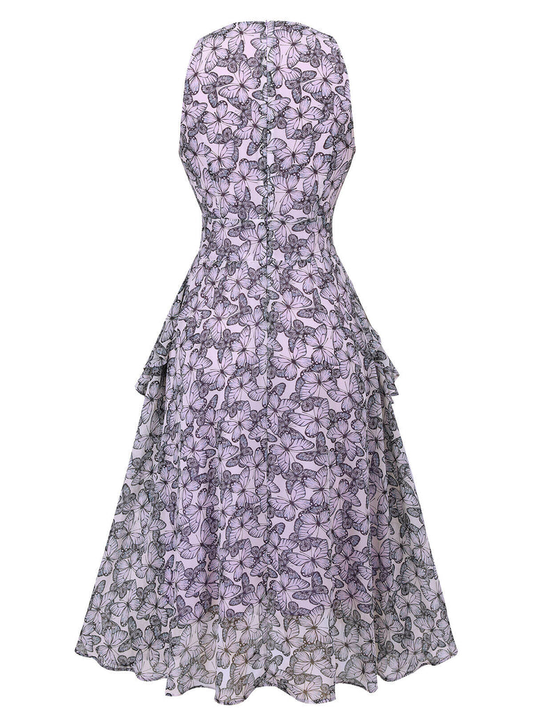 [Vorverkauf] Lila 1930er Schmetterling V-Ausschnitt Ärmelloses Kleid