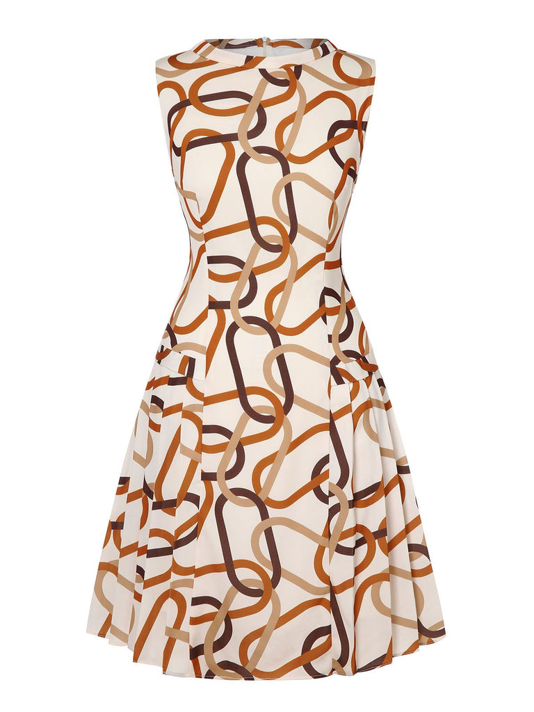 Gelbes 1960er Stehkragen bedrucktes plissiertes Kleid