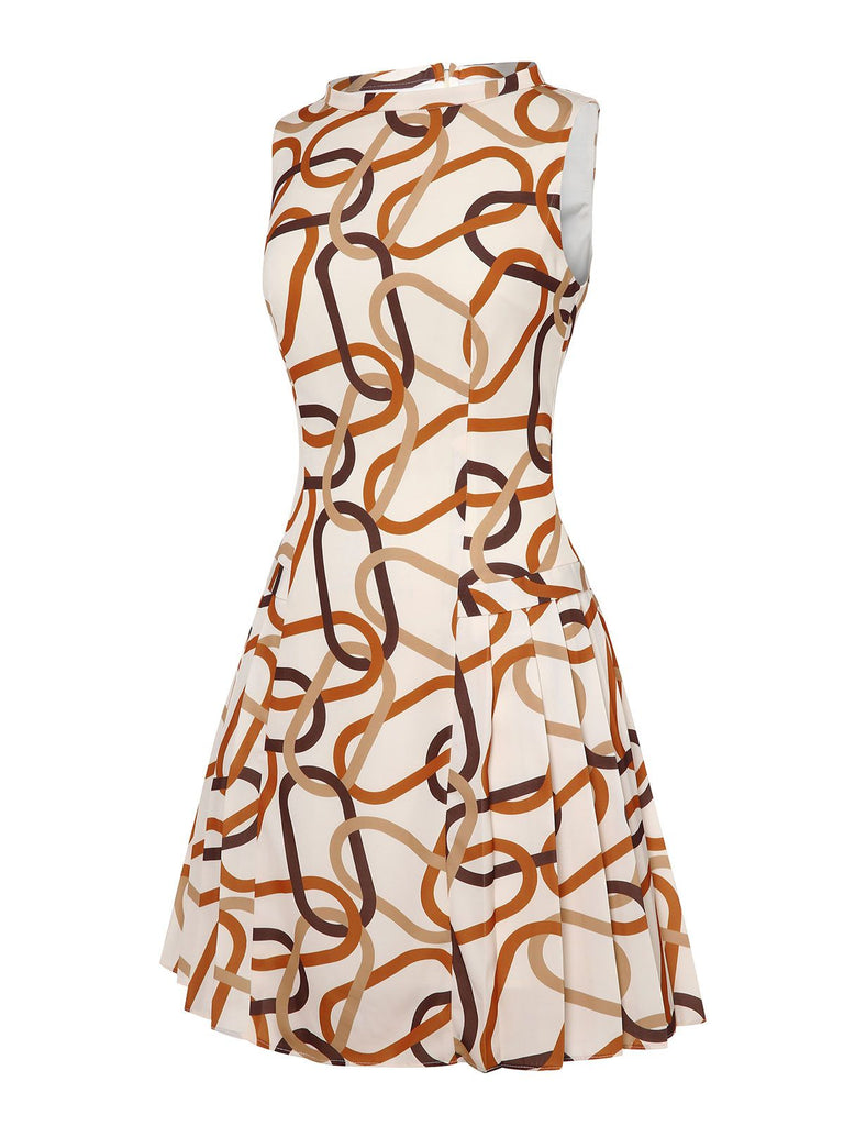 Gelbes 1960er Stehkragen bedrucktes plissiertes Kleid