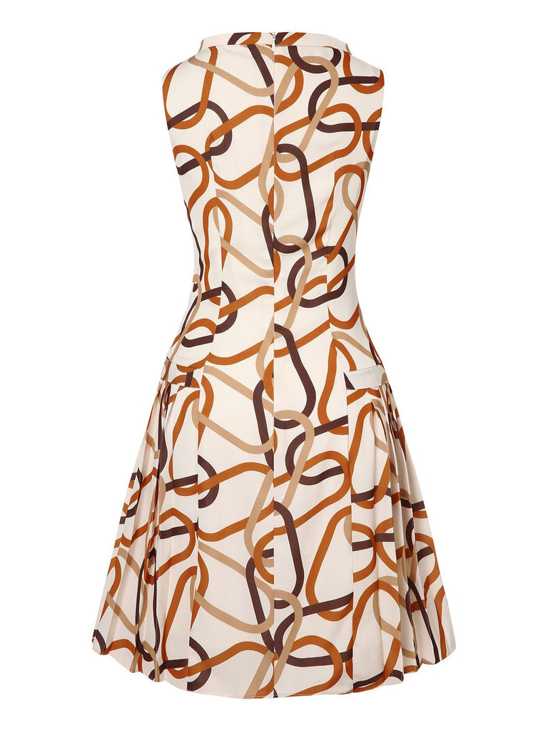 Gelbes 1960er Stehkragen bedrucktes plissiertes Kleid