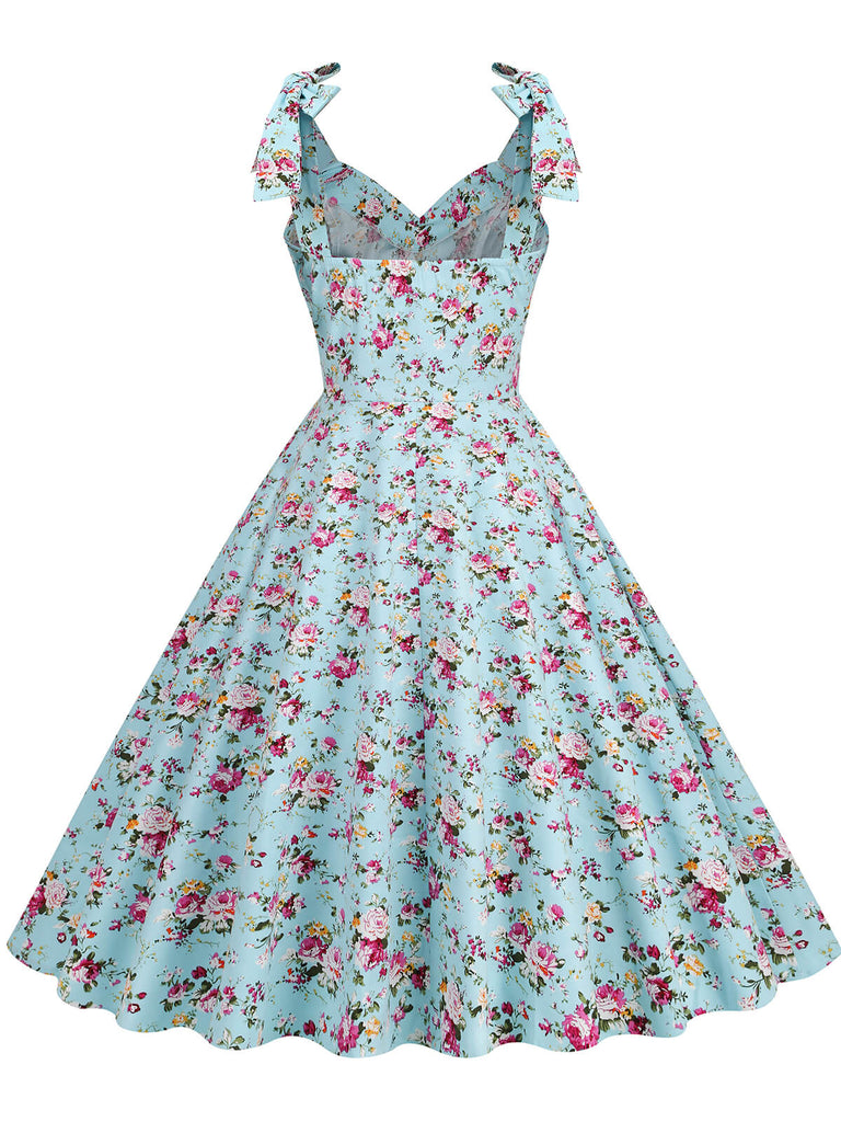 1950er Floral Schnürung Schulter V-Ausschnitt Swing Kleid