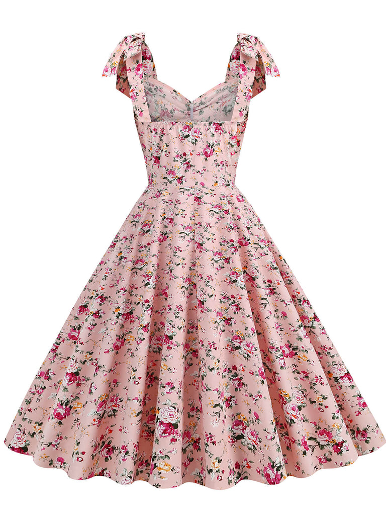 1950er Floral Schnürung Schulter V-Ausschnitt Swing Kleid
