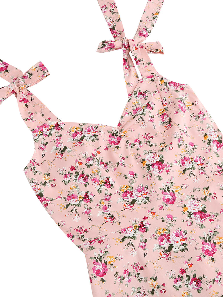 1950er Floral Schnürung Schulter V-Ausschnitt Swing Kleid