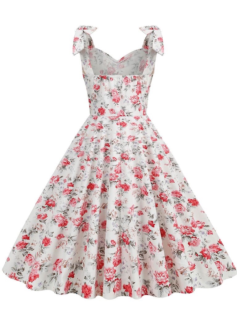 1950er Floral Schnürung Schulter V-Ausschnitt Swing Kleid