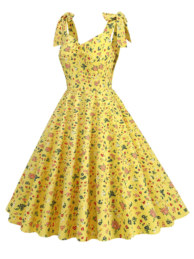 1950er Floral Schnürung Schulter V-Ausschnitt Swing Kleid