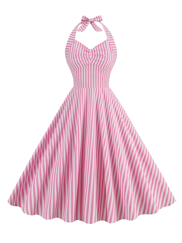 Rosa 1950er Streifen Halter Swing Kleid