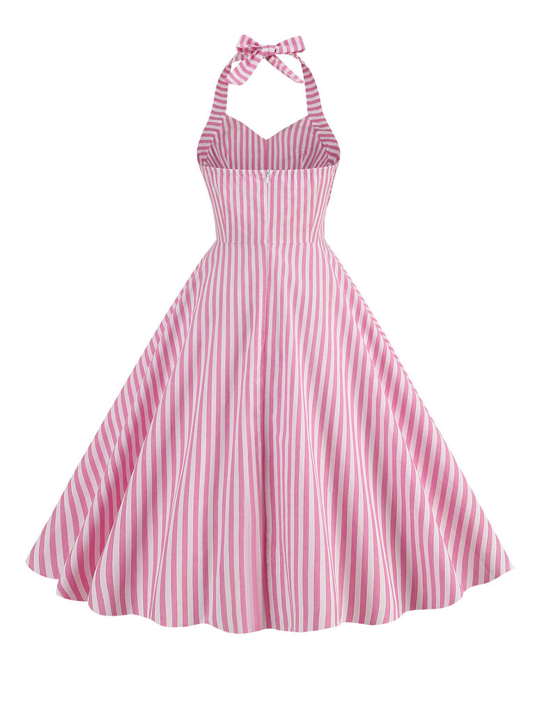 Rosa 1950er Streifen Halter Swing Kleid