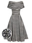 Schwarzes 1950er Hahnentritt-Kleid mit kurzen Ärmeln und Gürtel
