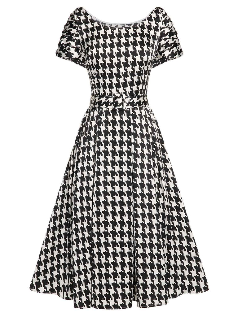 Schwarzes 1950er Hahnentritt-Kleid mit kurzen Ärmeln und Gürtel
