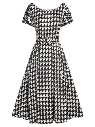 Schwarzes 1950er Hahnentritt-Kleid mit kurzen Ärmeln und Gürtel