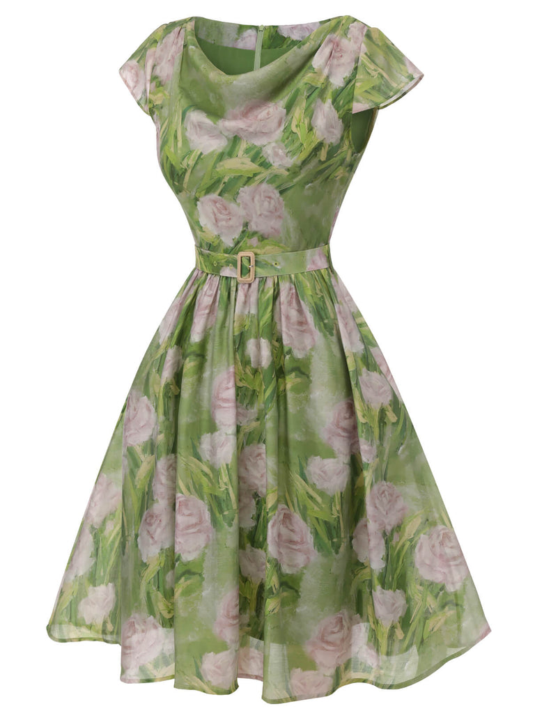 Grün 1960er Ölmalerei Rose Kleid