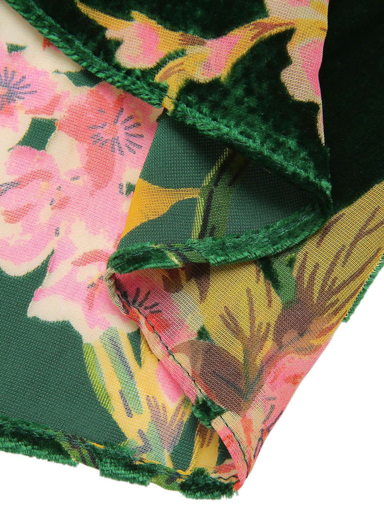 Grünes 1930er Kleid aus geblümtem Samt ohne Ärmel