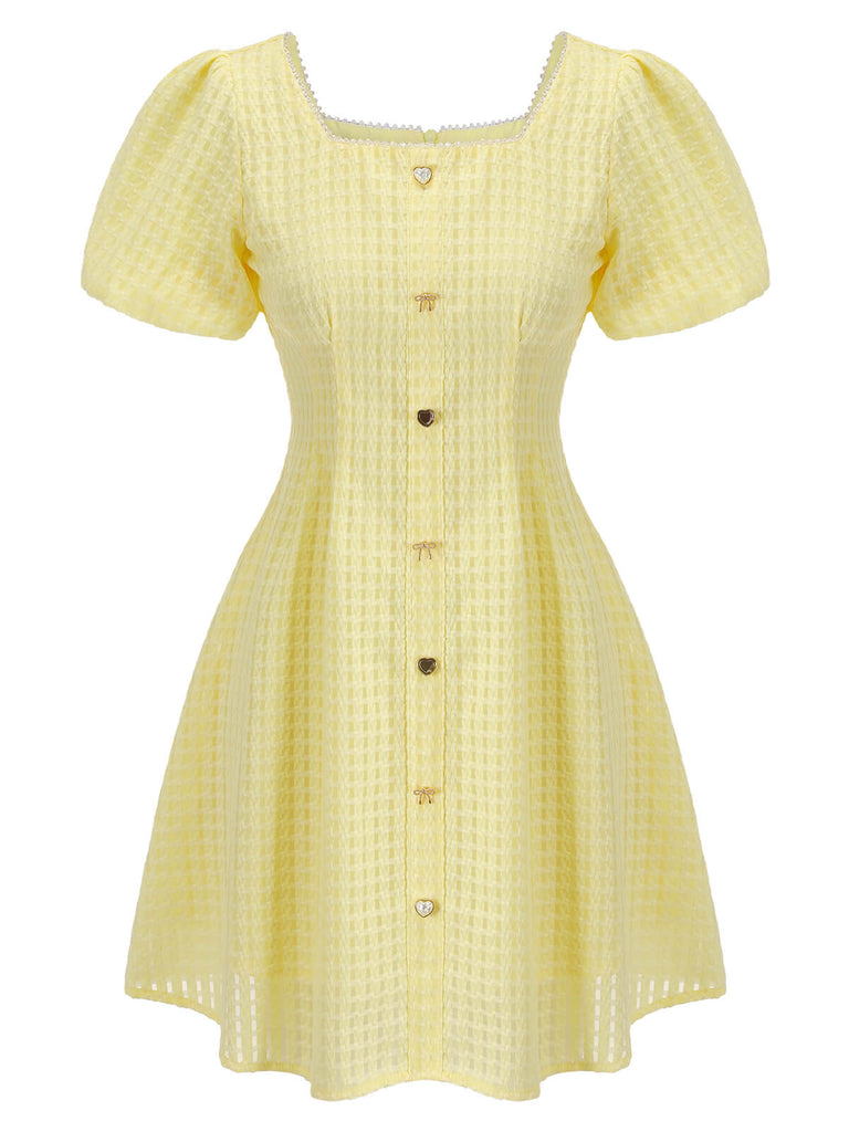 Gelbes 1950er Mini-Kleid mit quadratischem Ausschnitt und Knöpfen