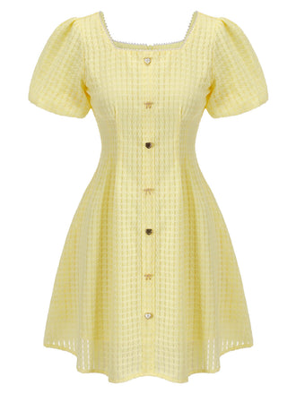 Gelbes 1950er Mini-Kleid mit quadratischem Ausschnitt und Knöpfen
