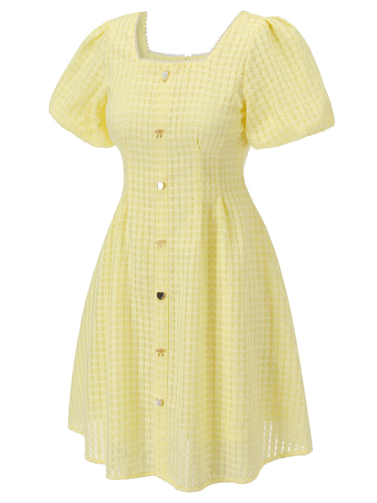 Gelbes 1950er Mini-Kleid mit quadratischem Ausschnitt und Knöpfen