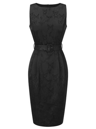 Schwarz 1960er Uni Ärmellos Schmetterlinge Gürtel Kleid
