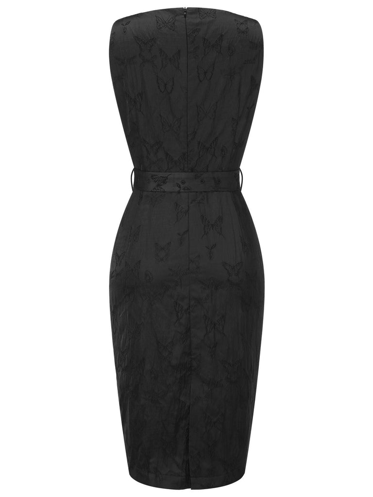 Schwarz 1960er Uni Ärmellos Schmetterlinge Gürtel Kleid
