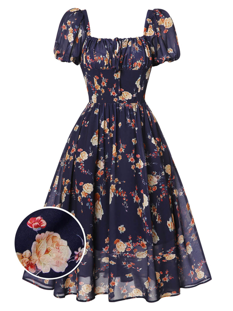 1950er Marineblaues Kleid mit geblümten Blasenärmeln