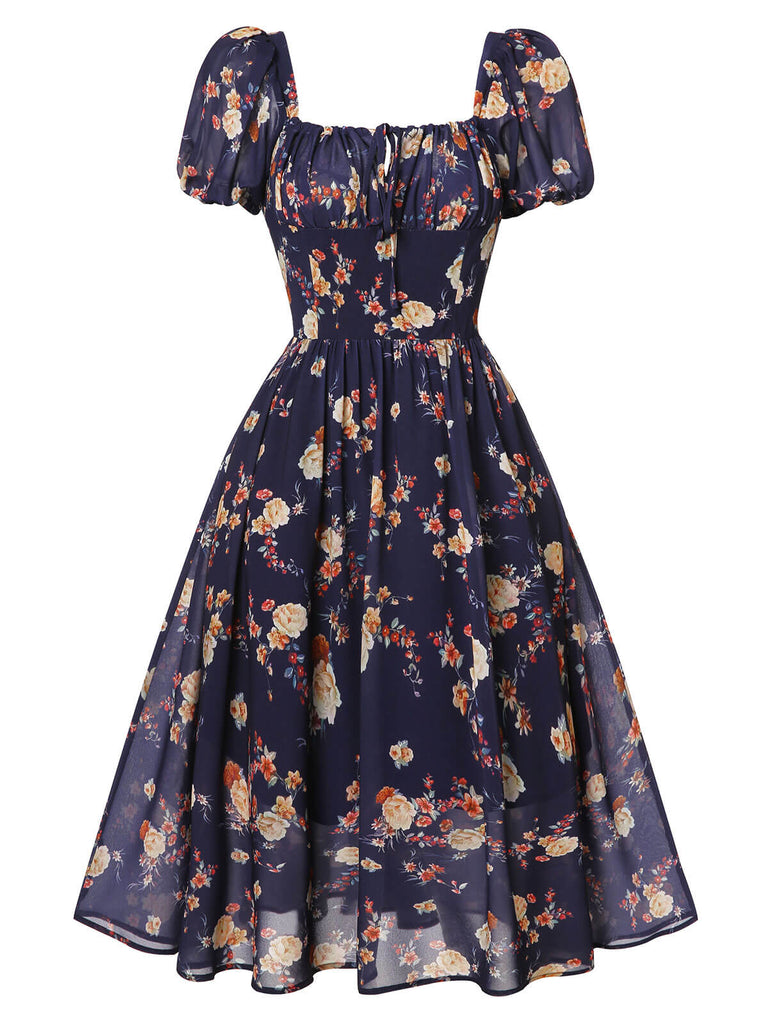 1950er Marineblaues Kleid mit geblümten Blasenärmeln