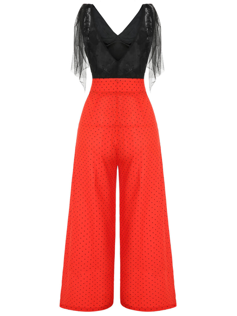 Schwarzer & roter 1950er Patchwork-Overall mit Punkten