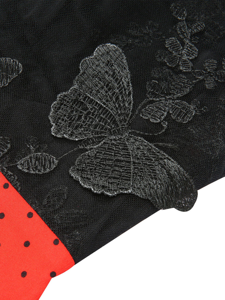 Schwarzer & roter 1950er Patchwork-Overall mit Punkten