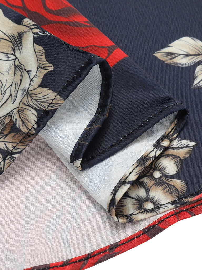 Schwarz 1950er Gothic Herzförmiger Hals Skelett Rose Swing Kleid