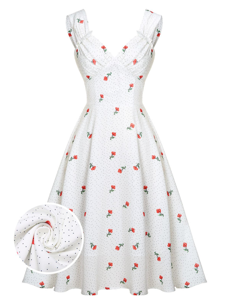 Weißes Satin Kirsch Pünktchen Kleid