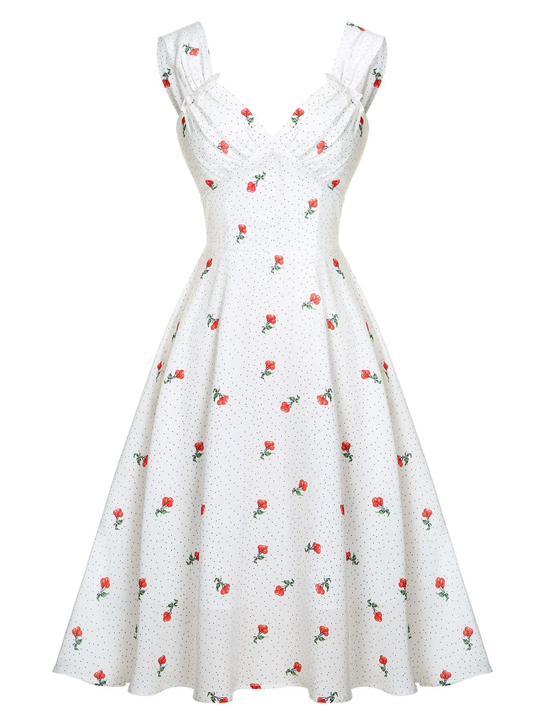 Weißes Satin Kirsch Pünktchen Kleid
