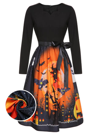 Schwarz 1950er Halloween Fledermaus Kürbis Kostüm Swing Langarmkleid