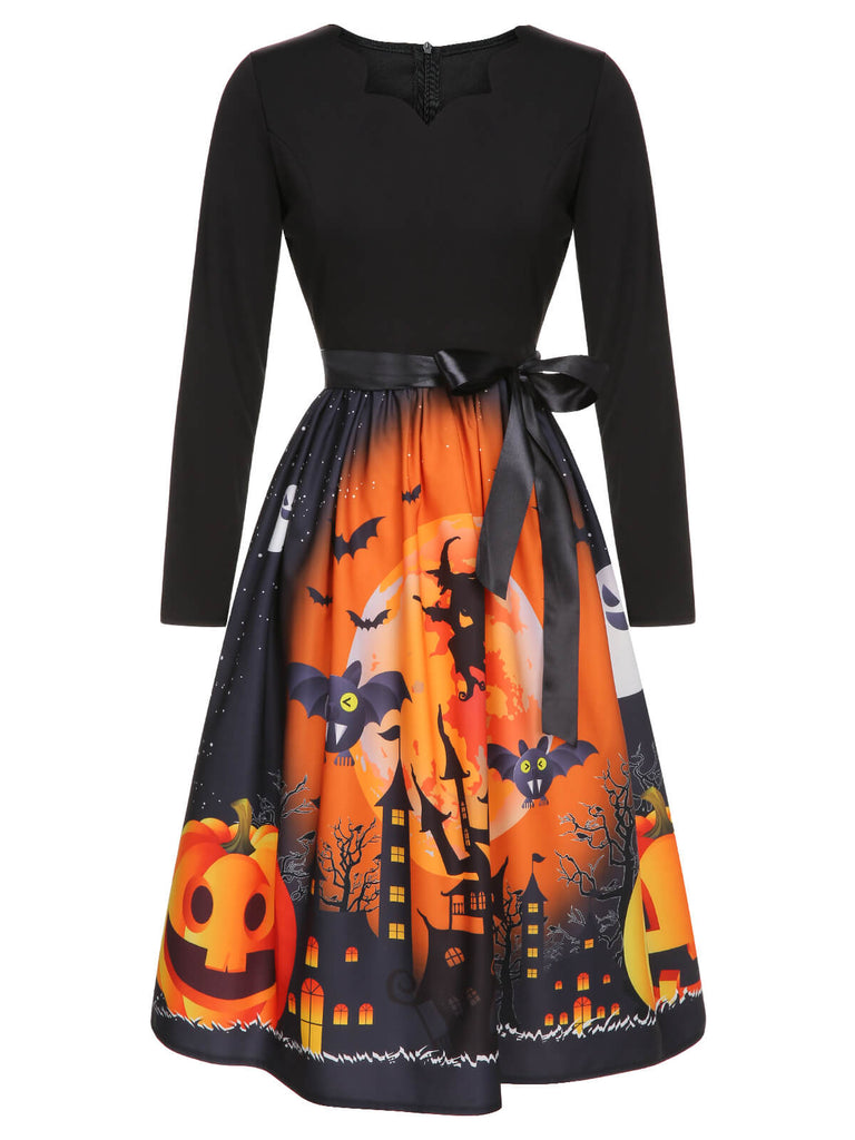 Schwarz 1950er Halloween Fledermaus Kürbis Kostüm Swing Langarmkleid
