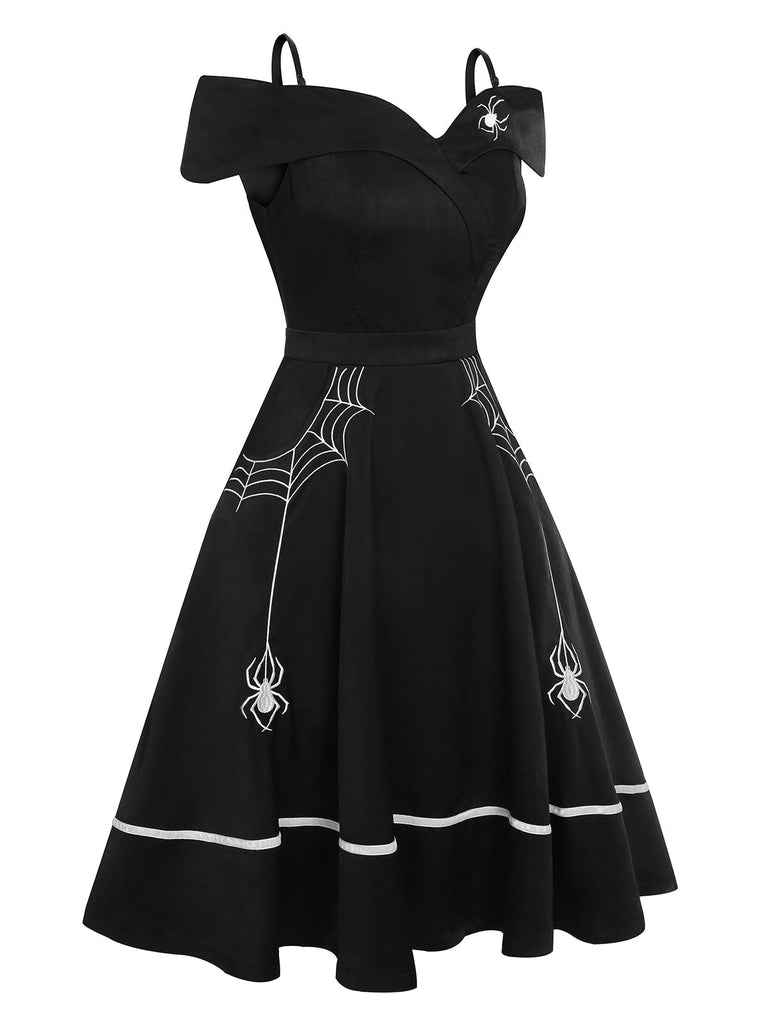 Schwarzes 1950er Halloween schulterfreies Spinnennetzkleid