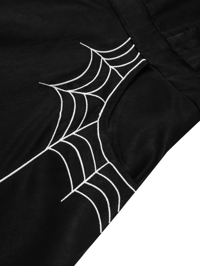 Schwarzes 1950er Halloween schulterfreies Spinnennetzkleid
