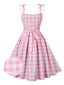 Rosa 1950er Spaghettiträger Plaid Bogen Swing Kleid